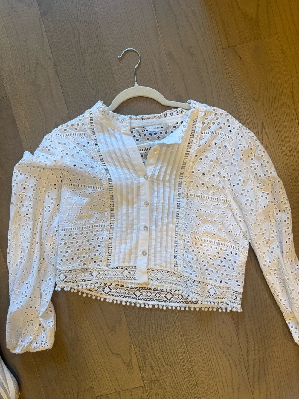 Zara White Eyelet Crochet Pintuck Button-Front Top